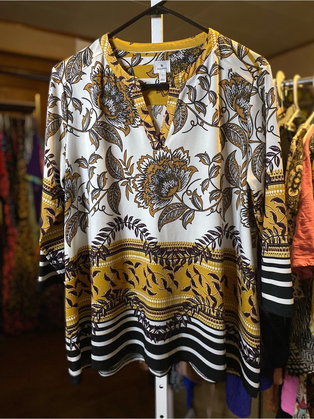 dressbarn Mustard Black White Floral Border Blouse Top